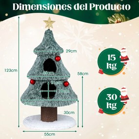 Arranhador em forma Árvore de Natal para gatos de interior 59 x 59 x 123 cm com 2 cavernas e Bolas pendentes verde