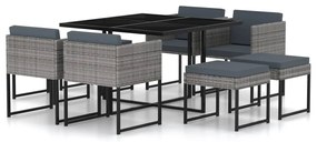 vidaXL 9 pcs conjunto jantar p/ jardim c/ almofadões vime PE cinzento