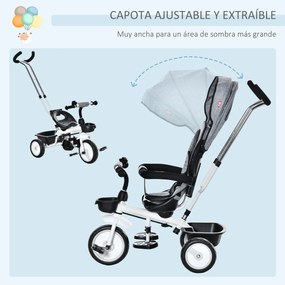 HOMCOM Triciclo para Bebé 2 em 1 Triciclo Evolutivo para Crianças de 1-5 Anos com Capô Dobrável Guiador Telescópico Grade de Proteção Removível e Apoio para os Pés 100x48x106cm Cinza