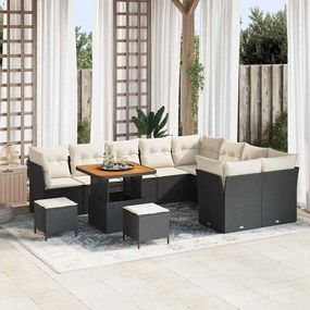 Conjunto de Sofá de Jardim com 12 Peças com Almofadas Preto Rattan Acácia
