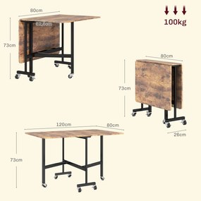 Mesa de Jantar Dobrável (CADEIRAS NÃO INCLUIDAS), 120 x 80 x 73 cm, 6 Rodas com Bloqueio, Castanho Rústico