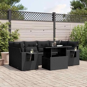 7 pcs conjunto de sofás p/ jardim c/ almofadões vime PE preto