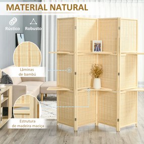 Biombo de 4 Painéis de Bambu Separador de Ambientes Dobrável com 2 Prateleiras Removíveis para Dormitório 180x180 cm Madeira