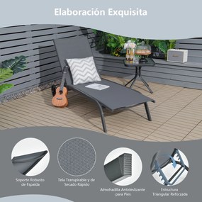 Conjunto de 2 espreguiçadeiras com rodas, tecido de secagem rápida e encosto reclinável em 6 posições, para exterior, piscina, pátio e jardim, cinzent