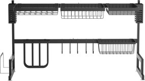 Escorredor de pratos de 2 níveis com porta-facas e suporte para tábua de cortar, 93 x 30 x 52,5 cm, aço preto