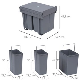 Cubos de Lixo para Cozinha com 3 recipientes de Reciclagem Removíveis 1x20L e 2x10L Metal e Plástico 48x34,2x41,8cm Cinza