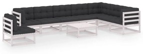 vidaXL 9 pcs conj. lounge de jardim c/ almofadões pinho maciço branco