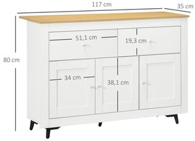 Aparador Móvel Auxiliar de Cozinha com 2 Gavetas 3 Portas e Prateleira Ajustável Móvel de TV de até 50 Polegadas 117x35x80 cm Branco e Madeira