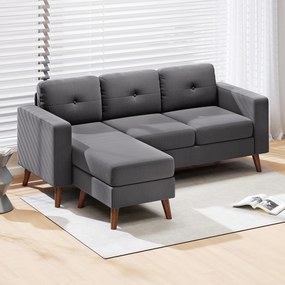 Sofá Chaise Longue Reversível Sofá de Canto em Forma de L de 3 Lugares Estofado em Veludo Cotelê 192x137x84 cm Cinzento Escuro