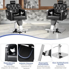 Cadeira de cabeleireiro com encosto e apoio para a cabeça ajustáveis, rotação de 360° para cabeleireiro e maquilhagem, 61 x 86 x 104-119,5 cm, preta