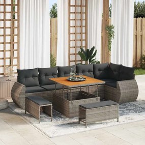 Conjunto de Sofás de Jardim de 9 Peças com Almofadas Cinza Vime PE Acácia