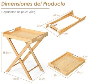 Mesa dupla de bambu com bandeja removível e prateleiras de aço integradas Mesa portátil para almoços 47 x 38 x 58,5 cm Natural