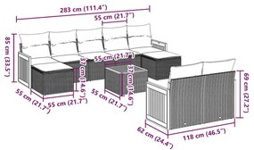 10 pcs conjunto sofás de jardim c/ almofadões vime PE preto
