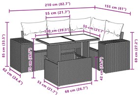 5 pcs conjunto de sofás p/ jardim com almofadões vime PE bege