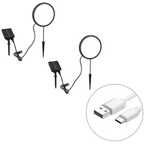 Conjunto de 2 Spots de Jardim Pretos 50cm com LED Recarregável e Solar IP65 - Adalind Moderno