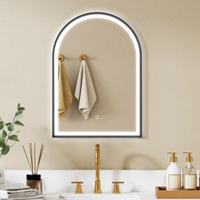 Espelho de casa de banho com iluminação, 50 x 70 cm, espelho LED arqueado, antiembaciamento, 3 cores de luz, intensidade regulável, memória, preto