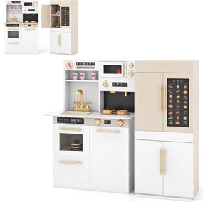 Cozinha brincar para crianças 60 x 31 x 95 cm de 2 peças com fogão, frigorífico e cartaz interativo com luzes e sons para maiores de 3 anos Branco
