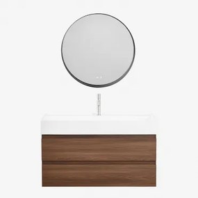 Conjunto De Móvel De Casa De Banho Em Madeira E Chapa De Freixo Com Lavatório Integrado Ona Madeira Escura & Redondo Led - Sklum