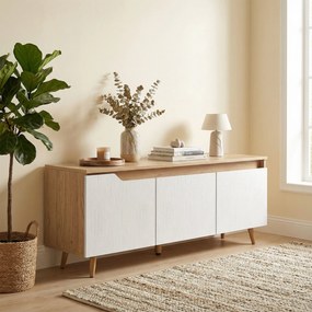 Móvel TV 120 cm para Televisor até 140 cm com 3 Portas Prateleira Ajustável Carvalho e Branco