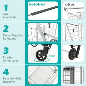 Carrinho de compras dobrável 126L grande e portátil com rodas universais e 2 cestos, bolsa impermeável removível, carga 150 kg Prateado