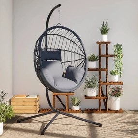 vidaXL Cadeira em forma de ovo suspensa c/ suporte vime/aço cinzento