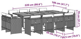 13 pcs conjunto de jantar p/ jardim com almofadões vime PE bege