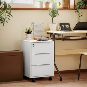 Bloco de Gavetas Móvel de Escritório com 3 Gavetas Fechadura Rodas e Travão para Documentos 40x40x63,5 cm Branco