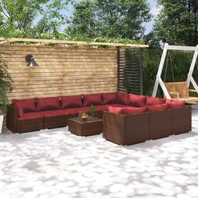 vidaXL 11 pcs conjunto lounge jardim c/ almofadões vime PE castanho