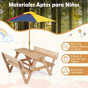 Mesa de piquenique infantil com 2 bancos integrados, guarda-sol removível e encosto em madeira de abeto, para crianças dos 3 aos 8 anos – praia, jardi