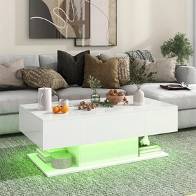 Mesa de centro LED moderna de 2 níveis com 20 luzes LED coloridas 2 gavetas para arrumação retangular 110 x 60 x 40 cm Branca