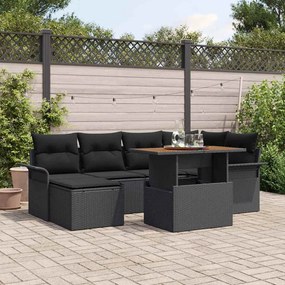 vidaXL Conjunto de Jantar para Jardim de 7 Peças com Almofadas Preto Vime Acácia
