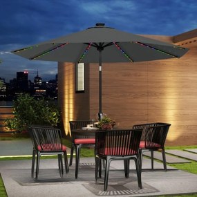 Guarda-sol de 300 cm com iluminação LED solar, 9 modos de iluminação, guarda-sol de jardim com manivela, cinzento