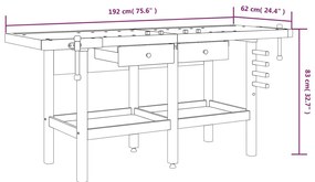 Bancada de trabalho + gavetas/tornos 192x62x83 cm acácia maciça