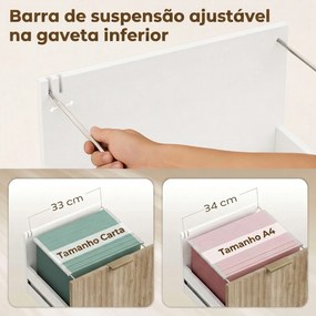 Móvel para Impressora com Rodas, 3 Gavetas, Barra Ajustável e 2 Prateleiras Abertas para Documentos A4, Branco e cor Carvalho