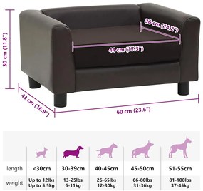 Sofá para cães 60x43x30 cm pelúcia e couro artificial castanho