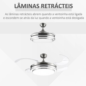 HOMCOM Ventoinha de Teto 51W com Luz LED 30W Ajustável 3000/4000/6000K Controle Remoto 3 Velocidades Temporizador 4 Lâminas para Dormitório Sala de Estar Ø106x43 cm Prata