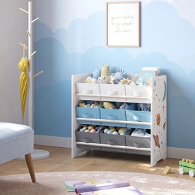 Estante infantil com 9 caixas de armazenamento em tecido não tecido 29,5 x 62,5 x 60 cm branco com desenhos espaciais