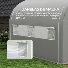 Estufa Tipo Túnel 3x2x2 m Estufa de Jardim com 3 Portas e 6 Janelas Enroláveis Teto Curvo para Cultivo Branco