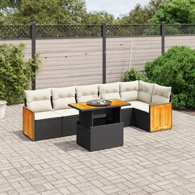 7 pcs conjunto de sofás p/ jardim c/ almofadões vime PE preto
