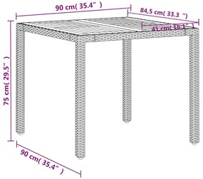 Mesa de jardim 90x90x75 cm vime PE e madeira de acácia bege