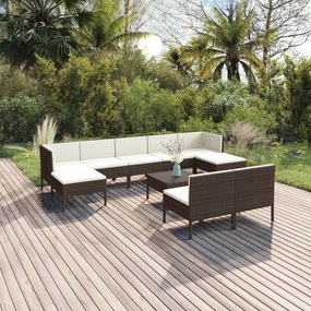 10 pcs conjunto lounge jardim c/ almofadões vime PE castanho