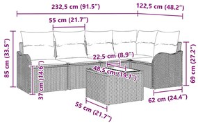 Conjunto de Sofás para Jardim com 6 peças e almofadas em rattan preto.