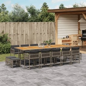 vidaXL 15 pcs conjunto jantar p/ jardim c/ almofadões vime PE cinzento