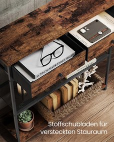 Mesa consola estreita com duas gavetas em tecido 24 x 76 x 80 cm Castanho vinatge + Preto