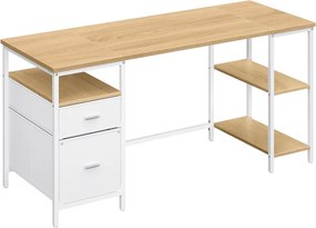 Secretaria para computador 160 x 60 x 76 cm com 3 prateleiras e 2 gavetas em cor de carvalho natural-branco nuvem