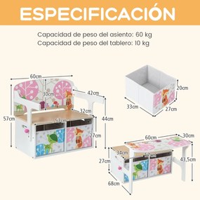 Conjunto de mesa e cadeira para crianças com 2 recipientes de pano amovíveis Mesa para crianças 3 em 1 com banco de actividades convertível Branco