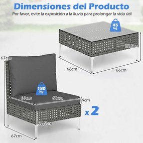 Conjunto de móveis de jardim em vime de 3 peças com 2 cadeiras e 1 mesa de centro em vidro temperado cinzento