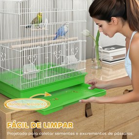 Gaiola para Pássaros Gaiola de Aço com 2 Alimentadores 2 Poleiros Baloiço e Bandeja Removível Pega 46,5x36x59 cm Verde