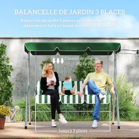 Baloiço de jardim de 3 lugares 170 C x 110 L x 153 A cm, baloiço de exterior com teto e inclinação ajustável, padrão às riscas, verde