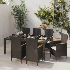 vidaXL 7 pcs conjunto jantar exterior com almofadões vime PE preto
